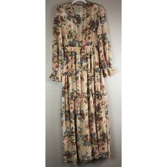 Aakaa Womens Maxi Dress Small Ruffle Floral Tiered V Neck Long Sleeve Boho - Picture 11 of 11